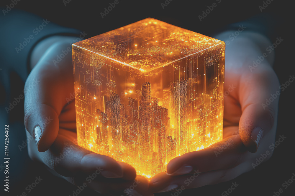 Poster a glowing transparent cube mobile with a circular pattern, showing a small city view.