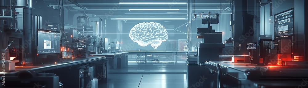 Poster cuttingedge artificial intelligence brain in a modern lab, holographic networks connecting machine l