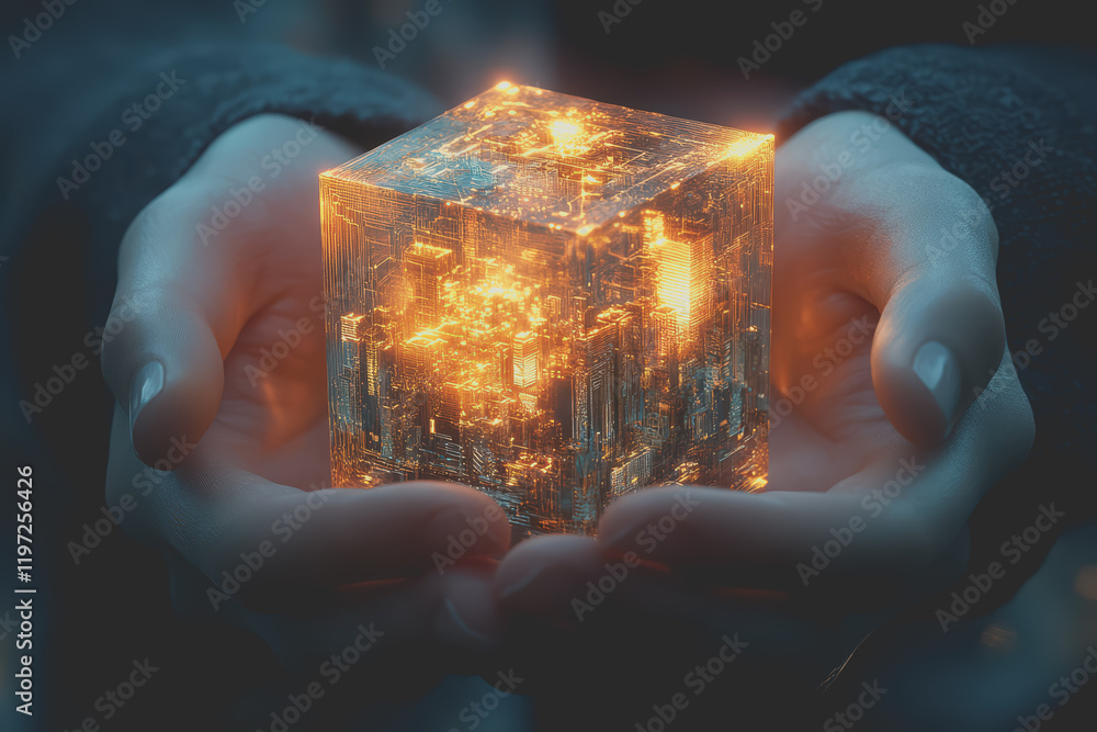 Poster a glowing transparent cube mobile with a circular pattern, showing a small city view.