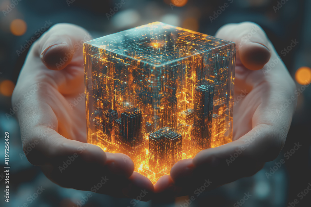 Poster a glowing transparent cube mobile with a circular pattern, showing a small city view.