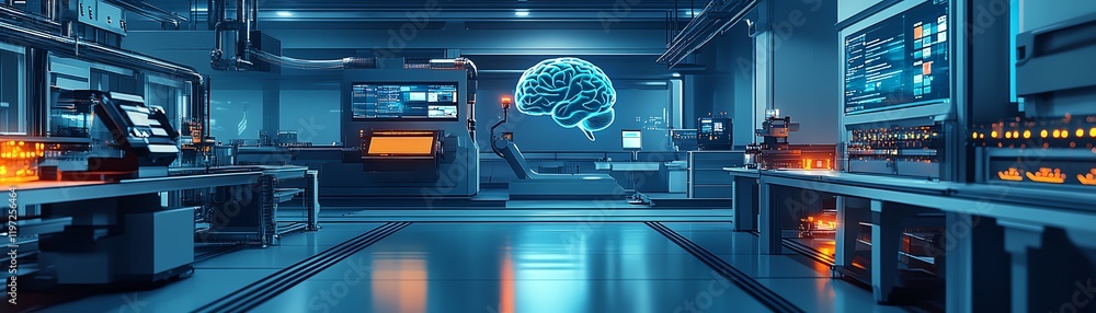 Poster cuttingedge artificial intelligence brain in a modern lab, holographic networks connecting machine l