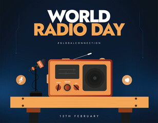 World Radio Day. 13th February radio day awareness social media poster with radio on the wooden table with a mic and a heart on dark background. Radio vector illustration. FM show