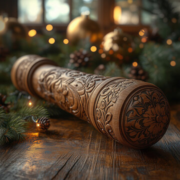 a close-up of a traditional wooden gragger with intricate carvings, resting on a rustic wooden surface, softly lit by golden hour sunlight with blurred festive decorations in the background