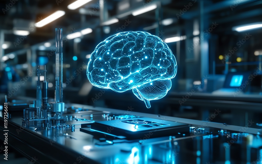 Poster futuristic ai brain in a factory lab