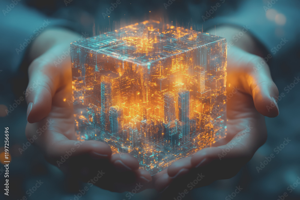 Poster a glowing transparent cube mobile with a circular pattern, showing a small city view.