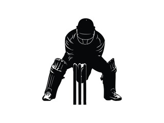 Cricket Wicketkeeper Silhouette: Crouching Behind Stumps for Sports Artwork