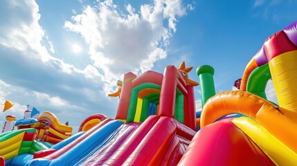 Colorful Inflatable Playground Under Blue Sky