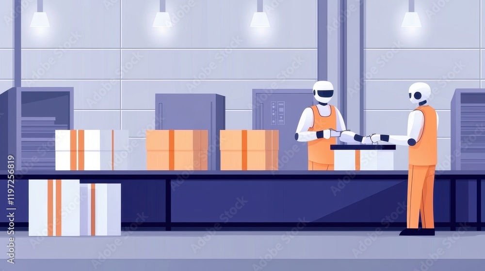 Poster a modern warehouse scene featuring robotic workers in orange uniforms sorting and packing boxes on a