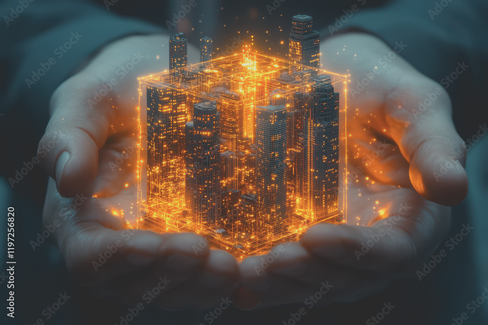 Poster a glowing transparent cube mobile with a circular pattern, showing a small city view.