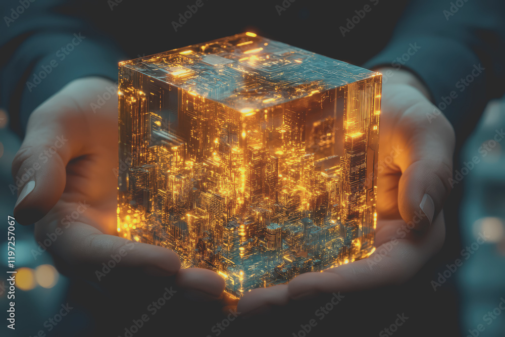 Poster a glowing transparent cube mobile with a circular pattern, showing a small city view.