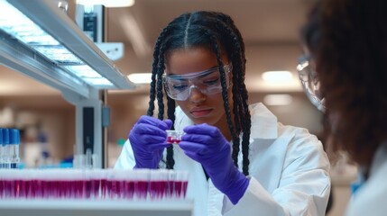A young African American female scientist is focused on her research in a modern laboratory, wearing safety gear and working with test tubes.