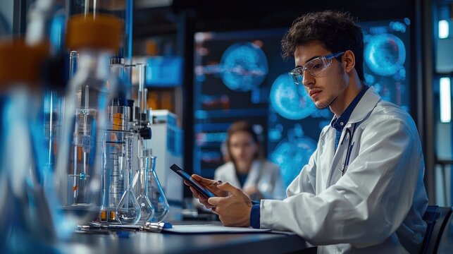 A young male scientist with curly hair and glasses, dressed in a lab coat, is using a smartphone in a laboratory environment. He is focused and engaged in research. - Powered by Adobe