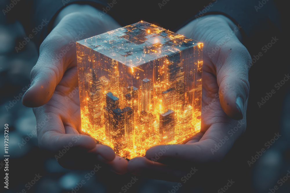 Poster a glowing transparent cube mobile with a circular pattern, showing a small city view.
