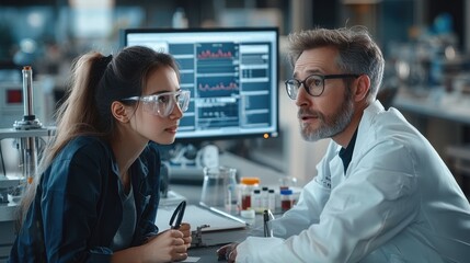 A young female scientist of European descent discusses research findings with an older male scientist in a modern laboratory setting.