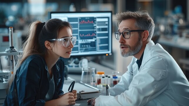 A young female scientist of European descent discusses research findings with an older male scientist in a modern laboratory setting.