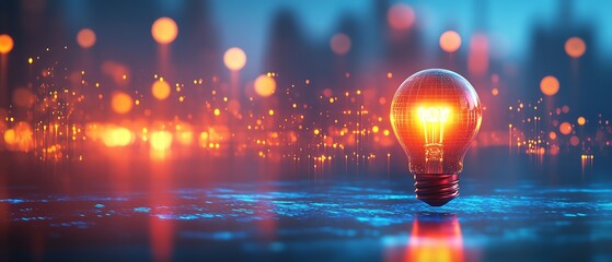 Light bulb glowing brightly on a blurred blue digital background, representing new ideas and innovation, futuristic design, vibrant glow, ultradetailed technology theme