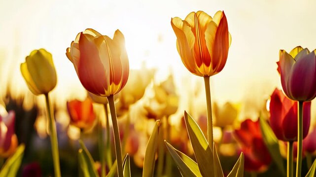 A field of blooming tulips of various hues stretching to the horizon under a golden sunrise.