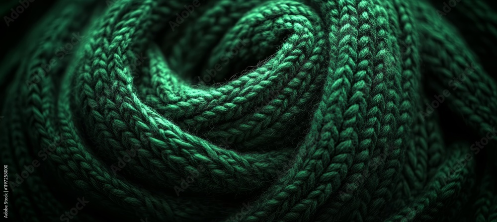 Poster macro photography of green knitted texture an intricate knot pattern in soft wool yarn