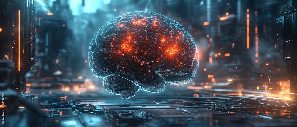 Poster machine learning ai brain floating in a futuristic research lab