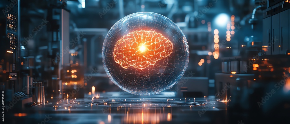 Poster machine learning ai brain floating in a futuristic research lab