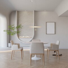 modern contemporary dining room with a poster mockup framed. 3d illustration