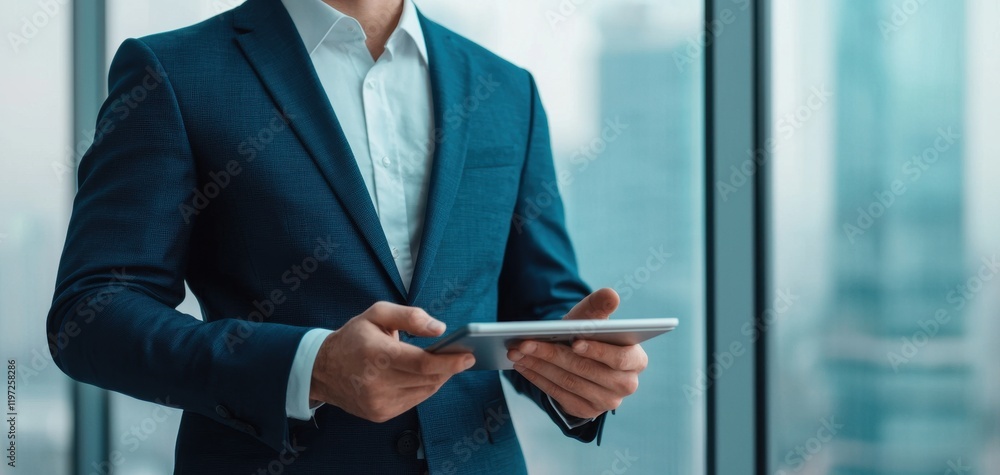 Poster a well-dressed businessman holds a tablet while standing in front of a large window with a cityscape