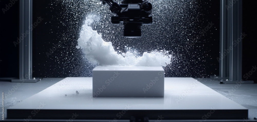 Poster a robotic arm releases a cloud of mist above a white object, creating an intriguing visual effect wi