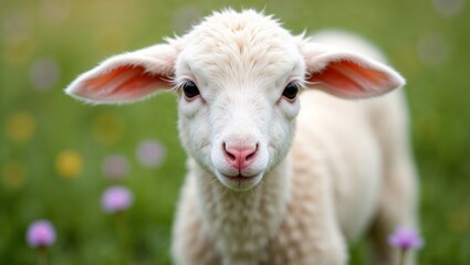 Fototapeta premium A close-up of a serene lamb's face with curious eyes in a vibrant green pasture setting 