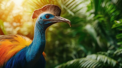 Fototapeta premium Vibrant cassowary displaying colors in tropical forest wildlife interaction animal ecosystem exploration