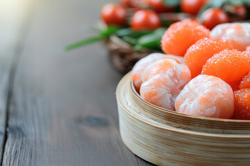 Delicious dim sum served in bamboo steamer with vibrant toppings