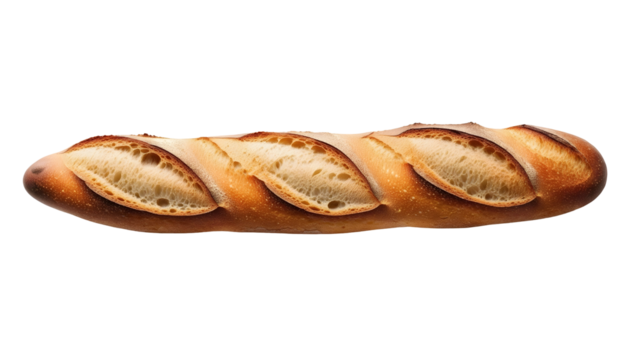 Golden French Baguette with Crispy Crust and Perfectly Scored Surface, isolated on transparent background.