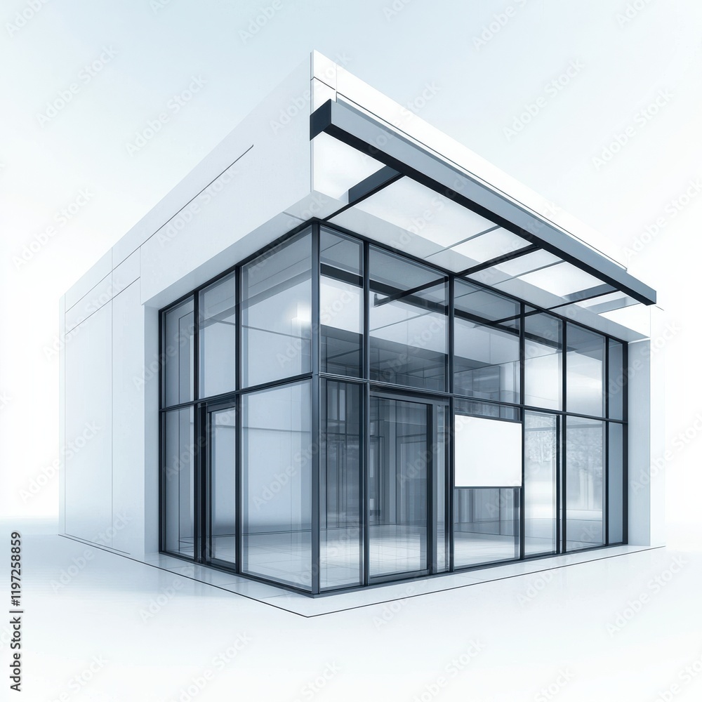Poster a sleek, modern glass building showcasing minimalist design with large windows, emphasizing transpar