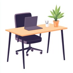 A minimalist desk with a laptop, a chair, and a potted plant, creating a modern and inviting workspace.