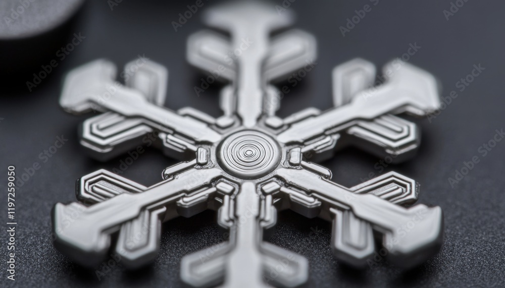 Poster a detailed, metallic snowflake design is showcased against a dark background, emphasizing its intric