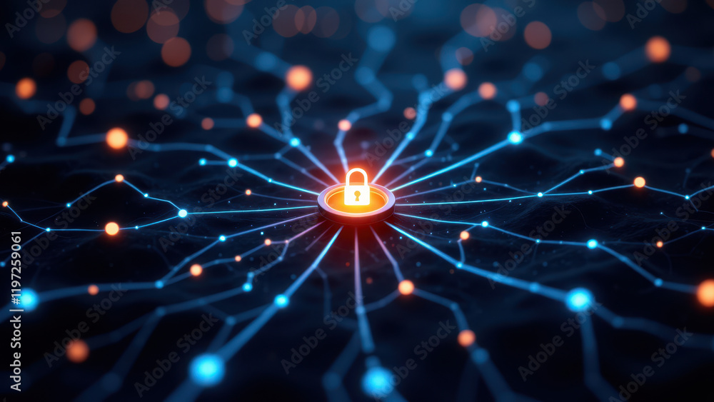 Poster Computer network with central secure element, symbolizing cyber safety and internet defense.