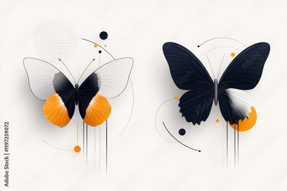 Poster a flat design of a butterfly with one wing slightly torn, drawn with muted colors and soft outlines 