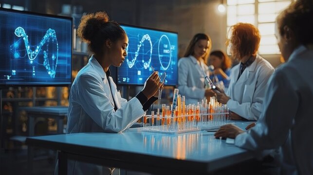 A group of diverse women scientists of different ethnicities work together in a laboratory, conducting experiments and analyzing results using advanced technology.