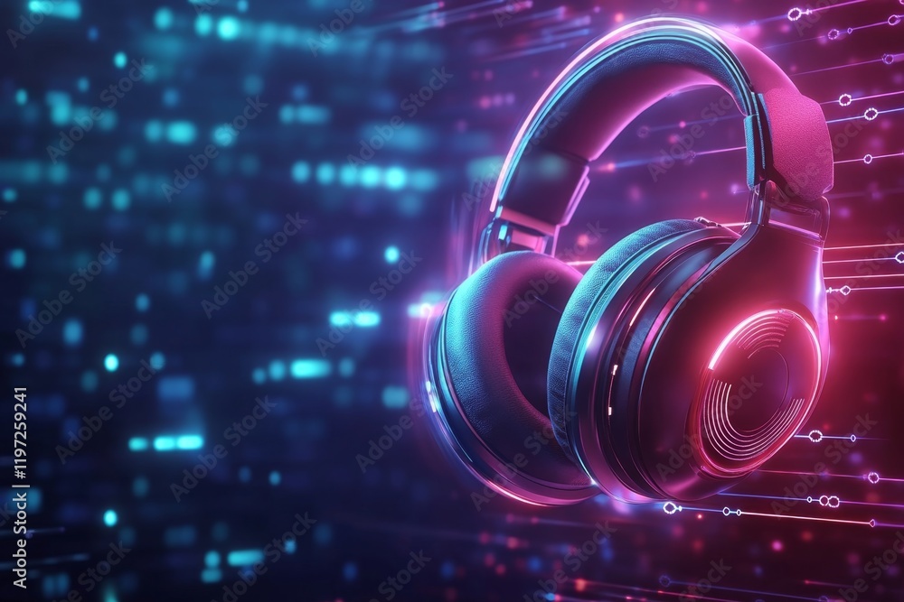 Poster A flat design of a headset and microphone icon with abstract digital signal lines, symbolizing VoIP technology