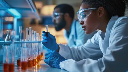 A female scientist of African descent in a laboratory carefully examines a test tube while a male colleague works nearby. Focus on chemistry and discovery.