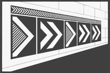 geometric pattern, arrow shapes, black and white, minimalist design, repetitive elements, directional symbols, graphic design, bold contrast, simple shapes, linear progression, forward motion concept,