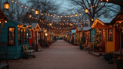 Fototapeta premium Festive Tiny Houses Line A Twinkling Night Street