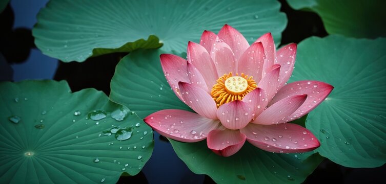 A pink lotus flower with water droplets on its petals and leaves.