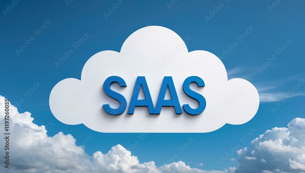 Poster saas text title in center and cloud software service application digital platform in sky blue white 