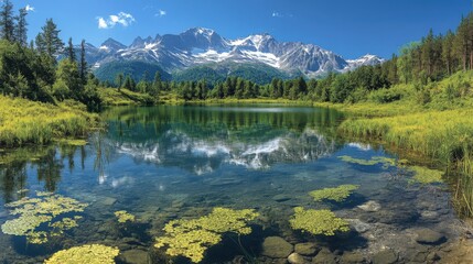 Serene lake reflecting majestic mountains under a blue sky in a tranquil natural setting with lush greenery. Generative AI