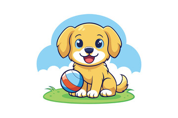 A cheerful chibi-style golden retriever puppy sitting on a grassy hill vector art illustration.eps