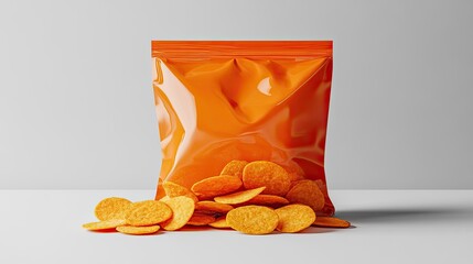 Orange chip bag mockup spilling chips on white background