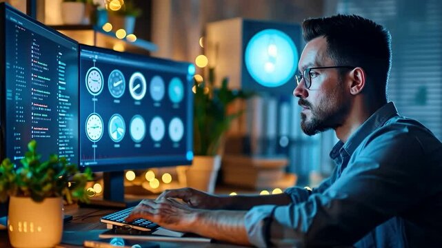 Focused man coding at his desk with multiple computer screens.