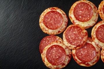 Obraz premium A collection of mini pepperoni pizzas arranged on a dark surface, showcasing their crispy crust and savory toppings.