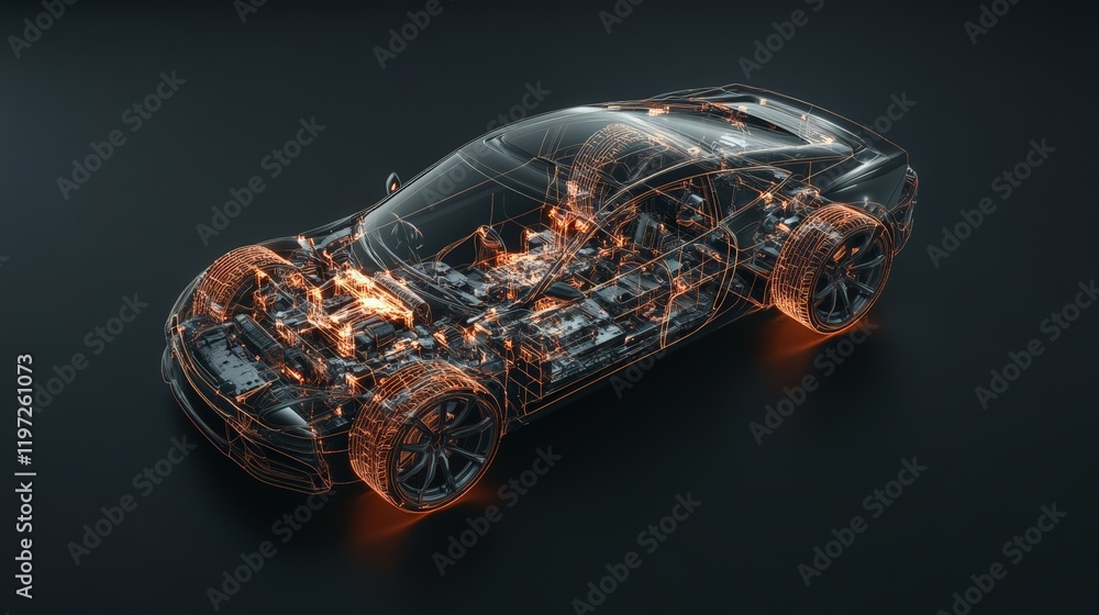Poster glowing orange lines highlight the intricate internal components of a futuristic sports car, showcas