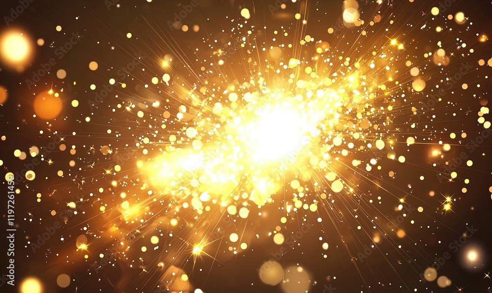 Poster golden explosion of particles and light on dark background for festive overlay or background